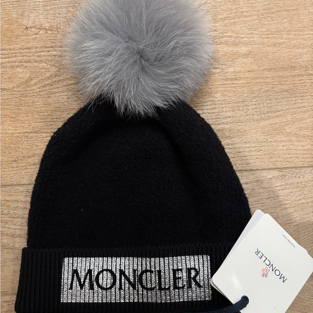 Unique Moncler Black Beanie with Gray Pom Pom 100% Authentic